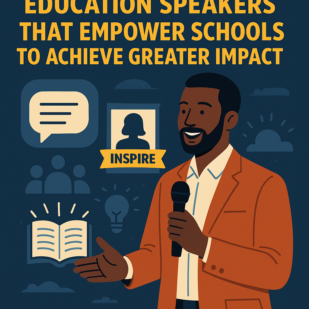 Illustration of a motivational education speaker holding a microphone with icons of learning, inspiration, and students around him.