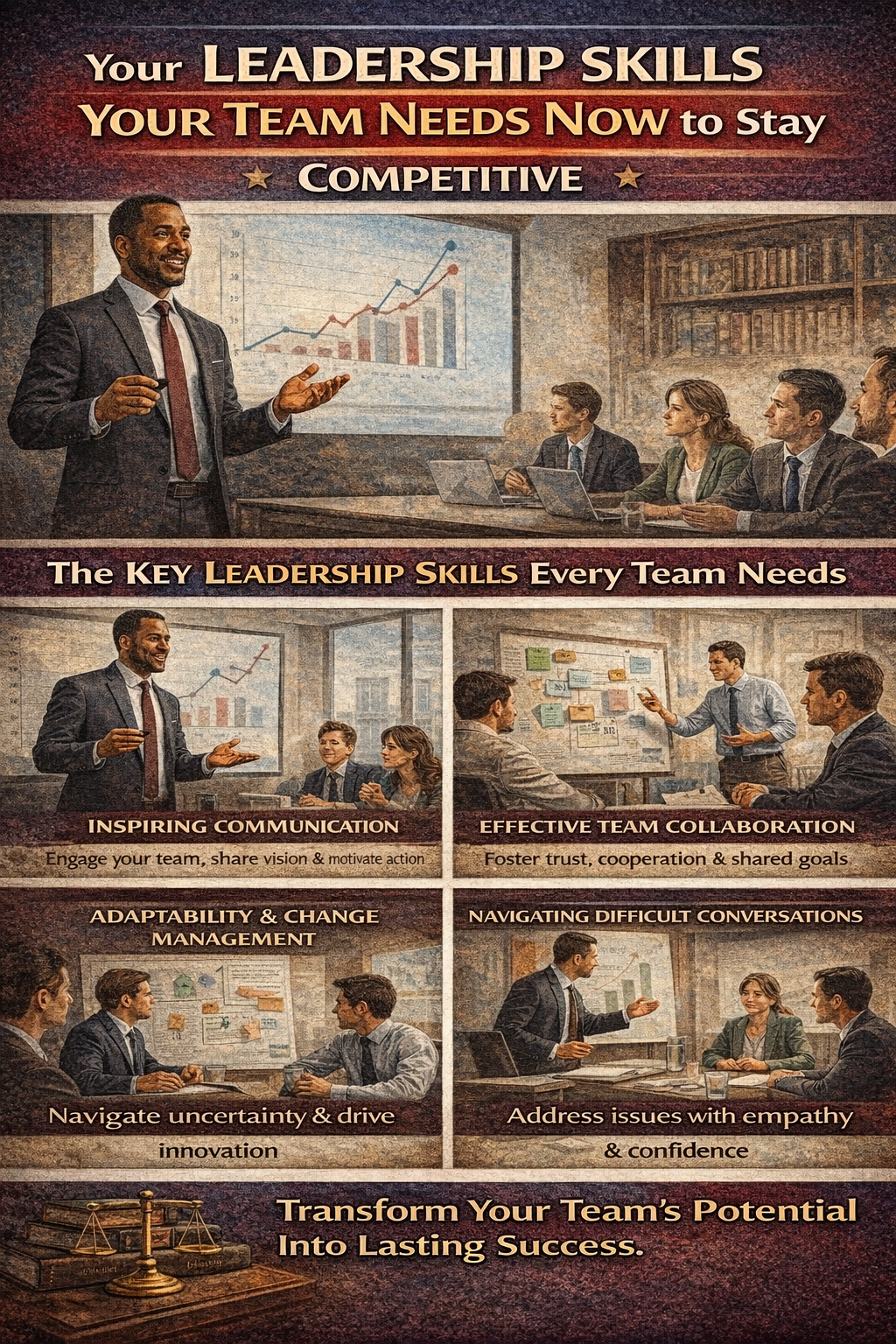 Illustrated infographic showing essential leadership skills for modern teams, including clear communication, collaboration, adaptability, and navigating difficult conversations to stay competitive in today’s business environment.