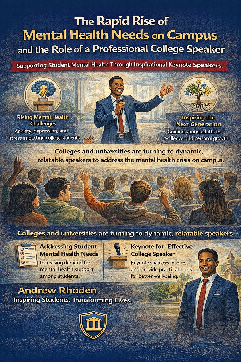 The Rapid Rise of Mental Health Needs on Campus and the Role of a Professional College Speaker.” The design features a professional speaker standing at a podium addressing a large audience of college students on a campus setting. Visual highlights include icons representing anxiety, depression, and stress, along with messaging about inspiring the next generation and supporting student well-being. Text sections explain how colleges and universities are turning to dynamic, relatable keynote speakers to address rising mental health challenges. The bottom section features Andrew Rhoden with the tagline “Inspiring Students. Transforming Lives.” and emphasizes the impact of engaging, authentic speakers in creating healthier campus communities.