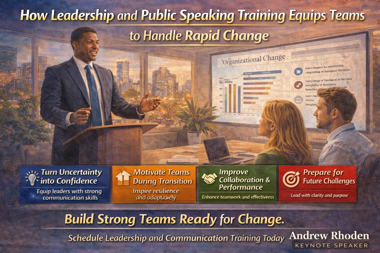 How Leadership and Public Speaking Training Equips Teams to Handle Rapid Change” showing a professional keynote speaker presenting to two team members in a modern office setting, with highlighted benefits including turning uncertainty into confidence, motivating teams during transition, improving collaboration and performance, and preparing for future challenges.