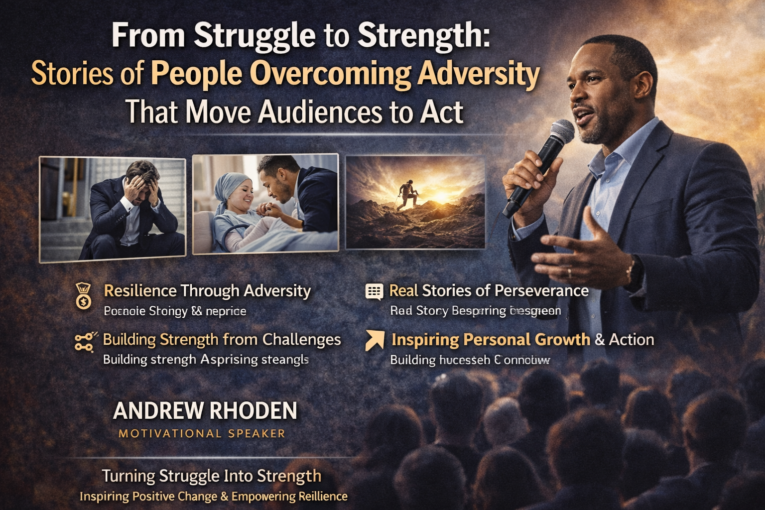 From Struggle to Strength: Stories of People Overcoming Adversity That Move Audiences to Act.” The image features motivational speaker Andrew Rhoden holding a microphone and speaking confidently to a large audience. The background includes a dramatic sky with warm lighting and silhouettes of attendees in the foreground. Smaller inset images show scenes representing adversity and resilience, including a stressed man sitting on steps, a hospital support moment, and a person climbing a mountain at sunrise. Text highlights themes such as resilience through adversity, real stories of perseverance, and inspiring personal growth and action. Andrew Rhoden is identified as a motivational speaker, with messaging focused on turning struggle into strength and empowering positive change.