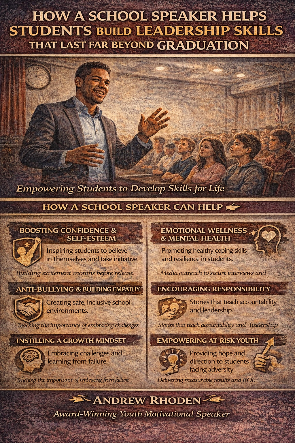 How a School Speaker Helps Students Build Leadership Skills That Last Far Beyond Graduation.” The image shows Andrew Rhoden speaking energetically to a diverse group of high school students in an auditorium. Sections highlight key leadership development areas including boosting confidence and self-esteem, emotional wellness and mental health awareness, anti-bullying and building empathy, encouraging responsibility and accountability, instilling a growth mindset, and empowering at-risk youth. The bottom features Andrew Rhoden’s name and identifies him as an award-winning youth motivational speaker focused on empowering students with lifelong leadership skills.