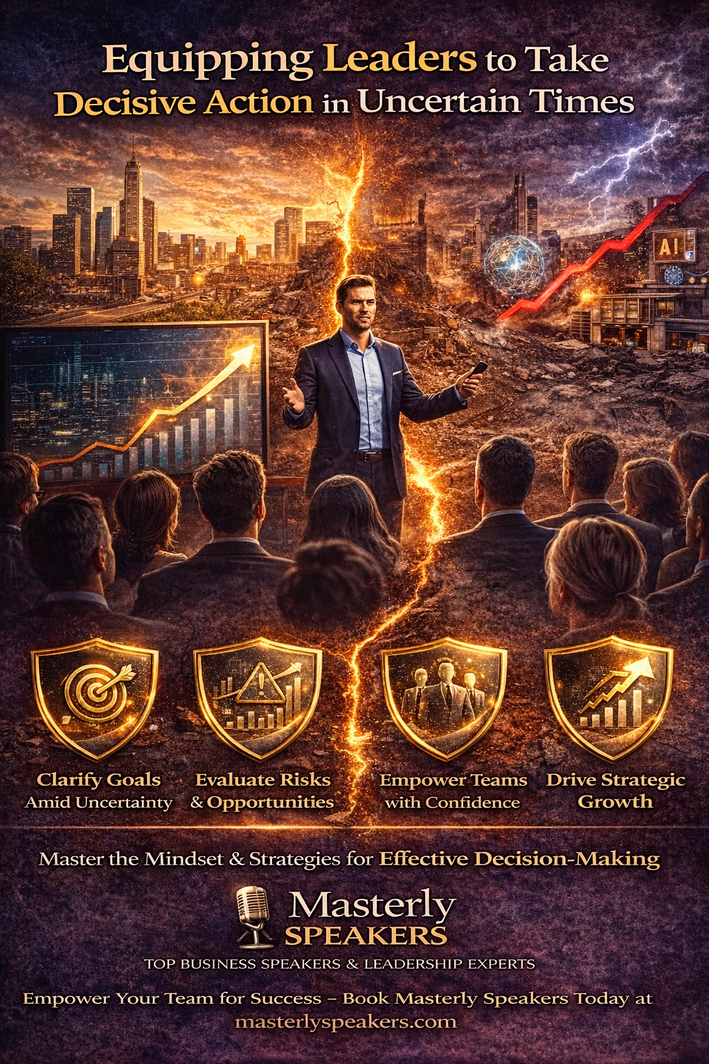 Equipping Leaders to Take Decisive Action in Uncertain Times.” The image features a business leader standing confidently in the center, addressing a seated audience. Behind him, the background is split dramatically by a glowing crack: one side shows a bright, thriving city skyline at sunset, while the other side shows a stormy, damaged cityscape with lightning, a downward red arrow, and an “AI” building symbolizing disruption and technological change.
In the foreground, a presentation screen displays an upward-trending growth chart. Along the bottom are four gold shield icons labeled: “Clarify Goals Amid Uncertainty,” “Evaluate Risks & Opportunities,” “Empower Teams with Confidence,” and “Drive Strategic Growth.”
The footer reads: “Master the Mindset & Strategies for Effective Decision-Making,” followed by the Masterly Speakers logo, the tagline “Top Business Speakers & Leadership Experts,” and a call to action encouraging teams to book Masterly Speakers.