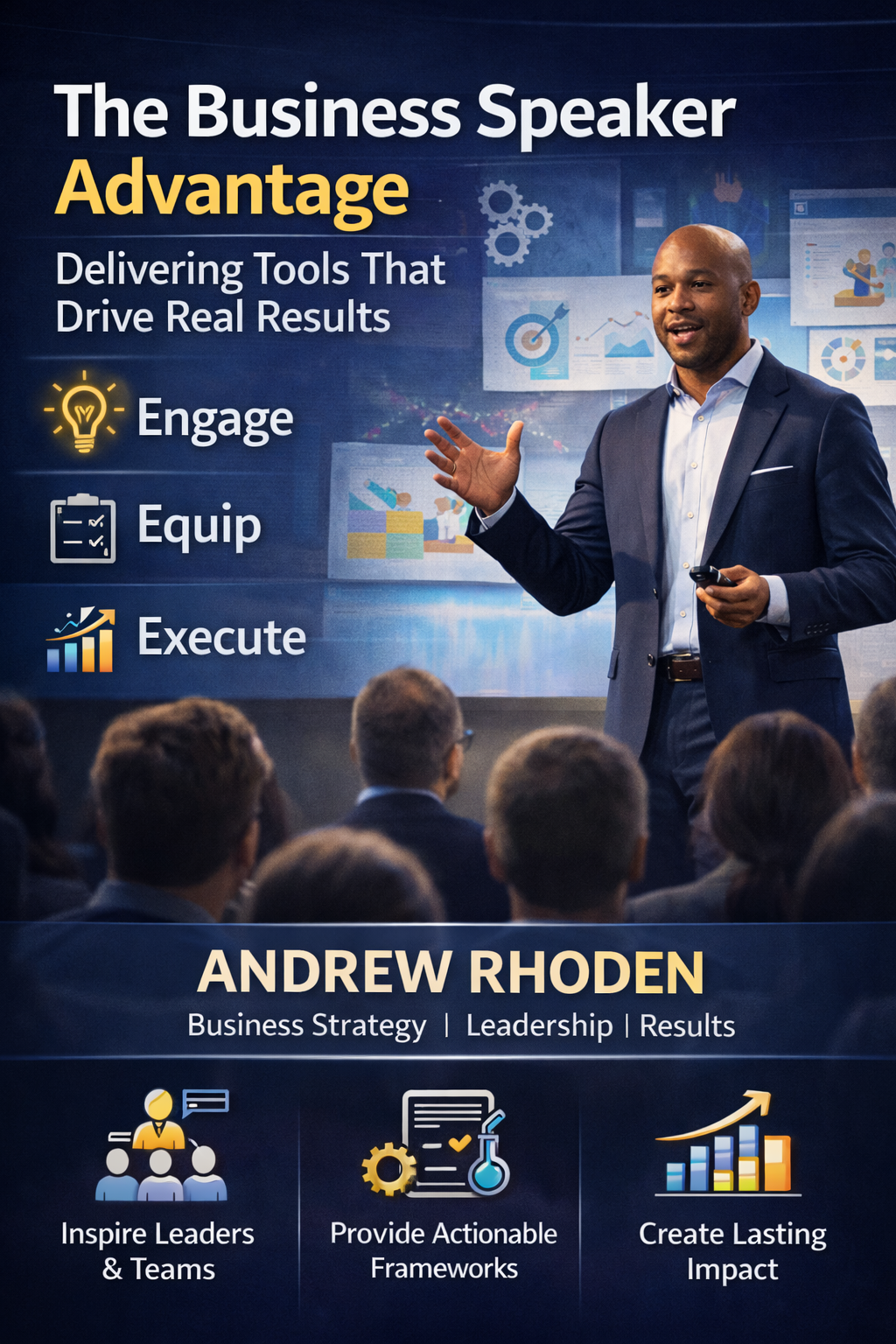 The Business Speaker Advantage: Delivering Tools That Drive Real Results.” The design highlights three key takeaways—“Engage,” “Equip,” and “Execute”—and includes Andrew Rhoden’s name with the tagline “Business Strategy | Leadership | Results,” along with icons emphasizing inspiring teams, providing actionable frameworks, and creating lasting impact.