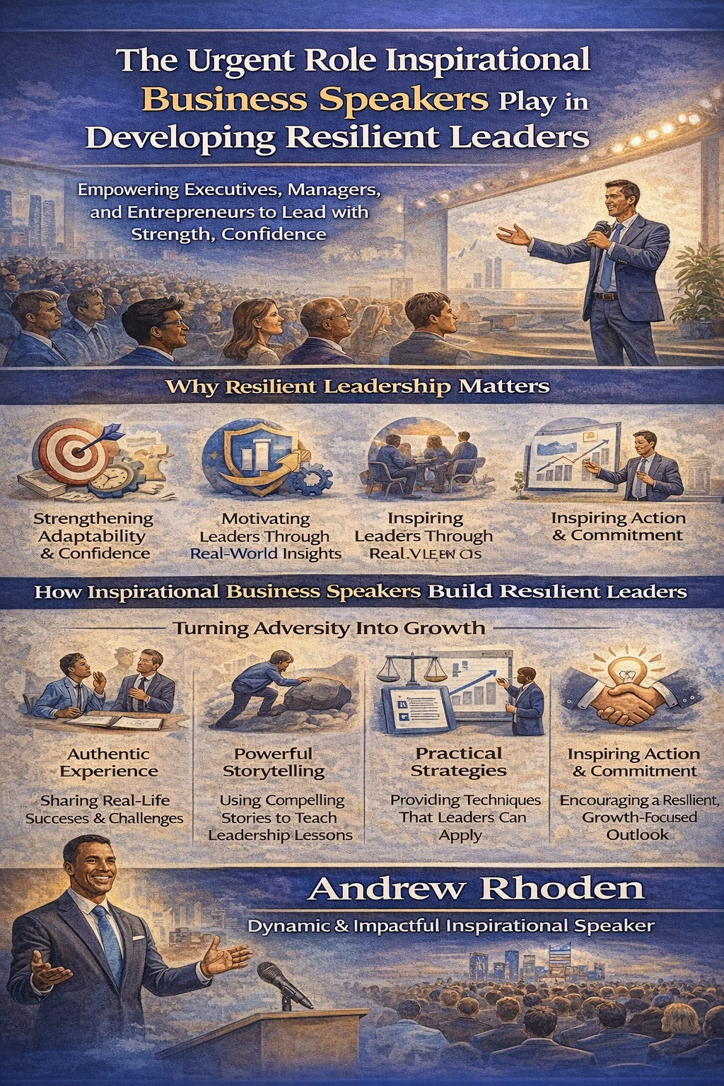 The Urgent Role Inspirational Business Speakers Play in Developing Resilient Leaders’ showing a professional speaker addressing an audience alongside leadership icons and business visuals. The graphic highlights how inspirational business speakers strengthen adaptability, confidence, and commitment through real-world experience, storytelling, and practical strategies, featuring Andrew Rhoden as a dynamic inspirational speaker.