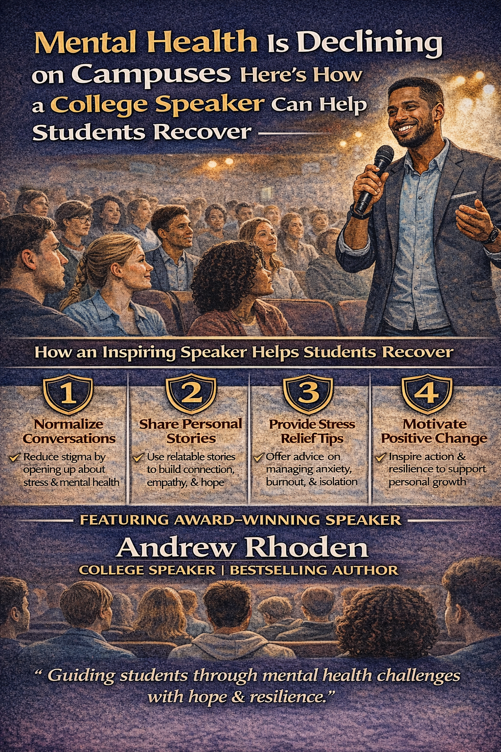 Infographic showing college speaker Andrew Rhoden addressing students on campus, explaining how keynote speakers can support student mental health by normalizing conversations, sharing personal stories, offering stress relief strategies, and inspiring resilience and recovery.