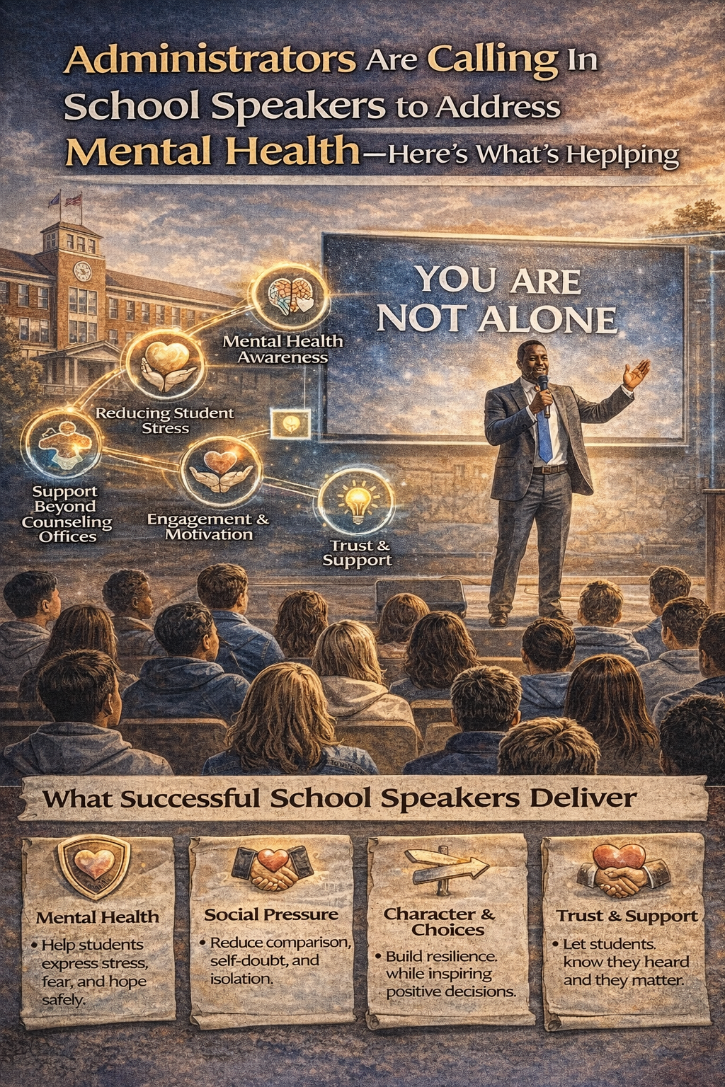 Infographic showing a school speaker addressing students about mental health, with “You Are Not Alone” on a screen and icons highlighting awareness, stress reduction, and student support.