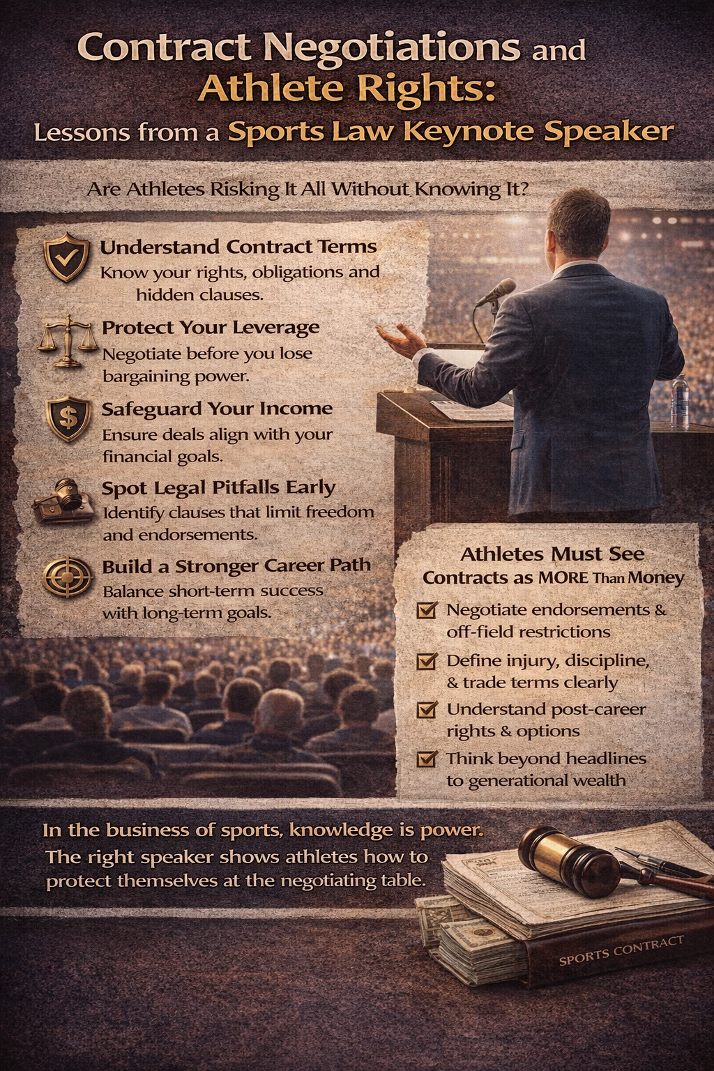 Sports law infographic on contract negotiations and athlete rights, featuring a keynote speaker and tips for protecting leverage, income, and long-term career options.