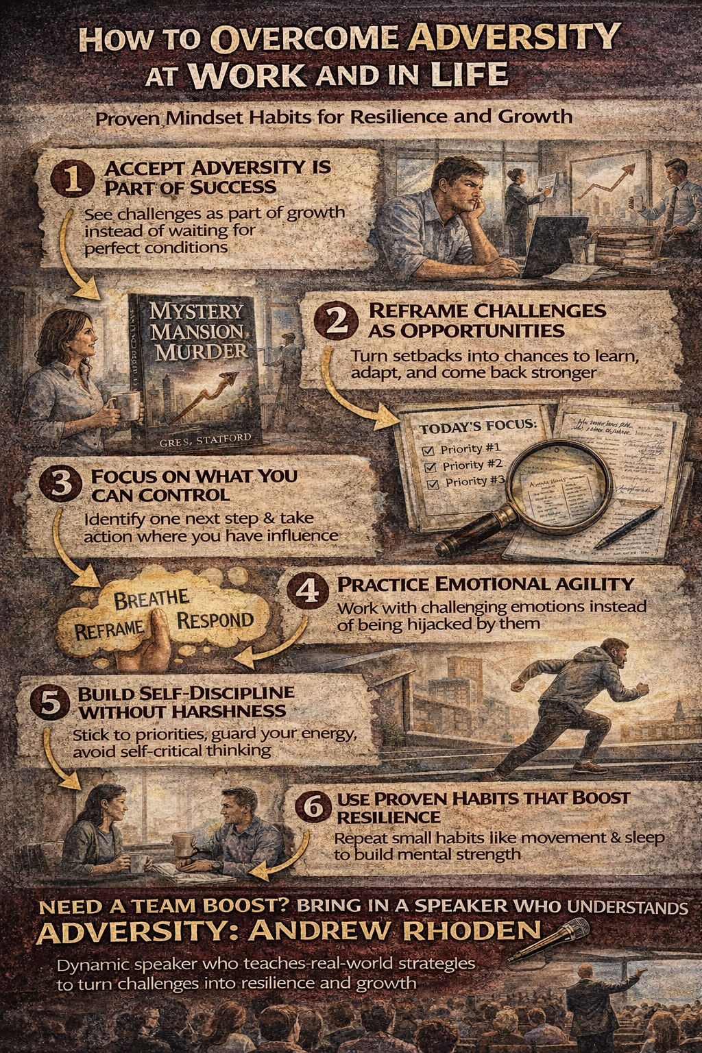 How to Overcome Adversity at Work and in Life’ listing practical resilience steps like accepting adversity, reframing challenges, focusing on what you can control, practicing emotional agility, building self-discipline, and using daily habits to stay strong, featuring speaker Andrew Rhoden.