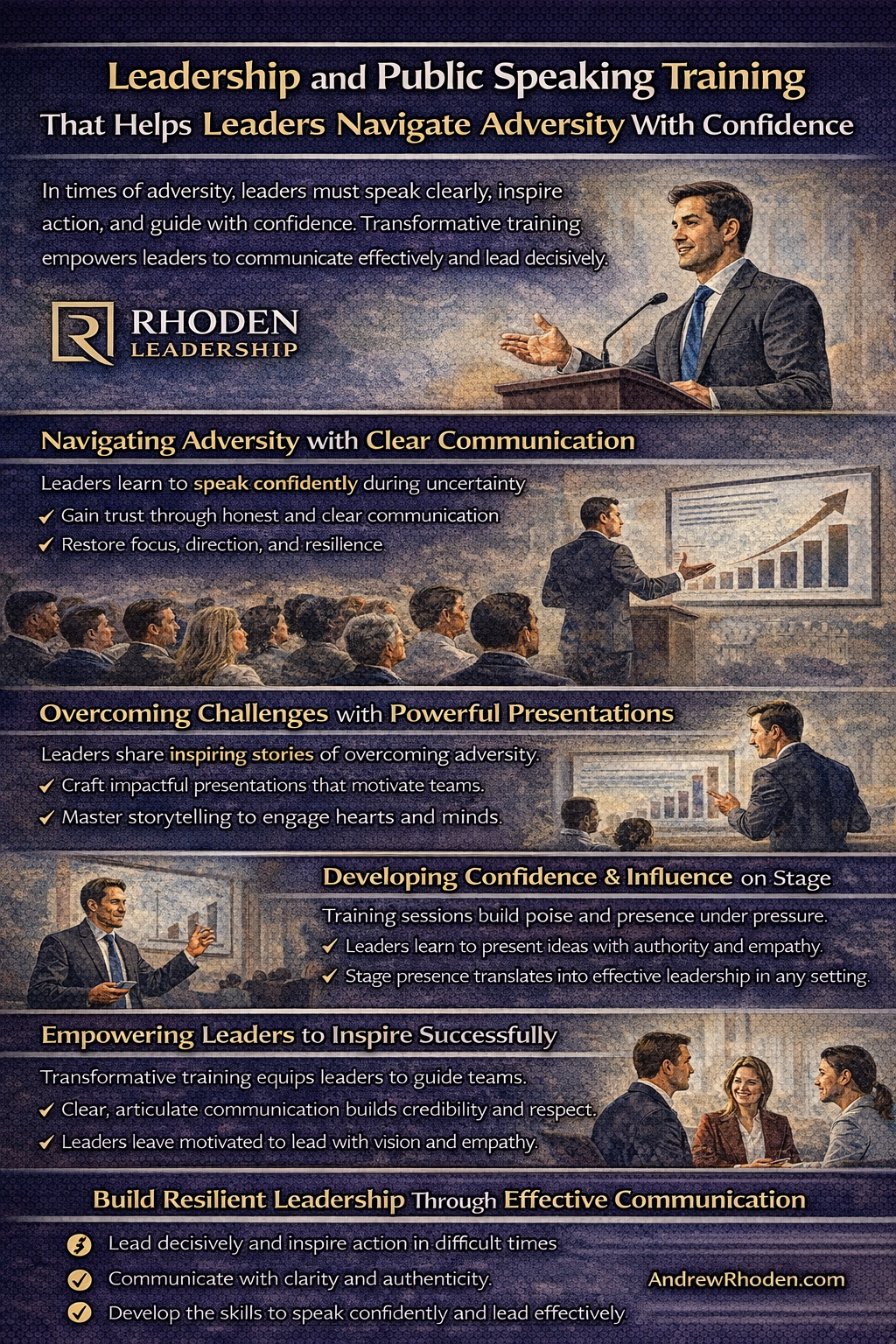 Leadership and public speaking training graphic showing a keynote speaker confidently addressing an audience, highlighting clear communication and leading through adversity.