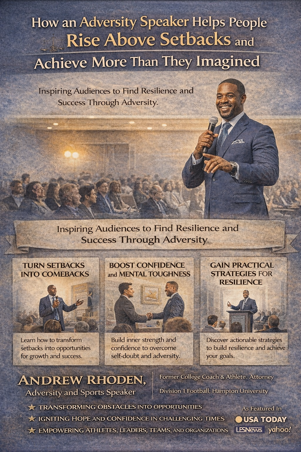 How an Adversity Speaker Helps People Rise Above Setbacks and Achieve More Than They Imagined” featuring Andrew Rhoden, Esq. speaking to a large audience, highlighting themes of resilience, confidence, mental toughness, and practical strategies for overcoming adversity, with callouts about turning setbacks into comebacks and inspiring leaders, athletes, and organizations.