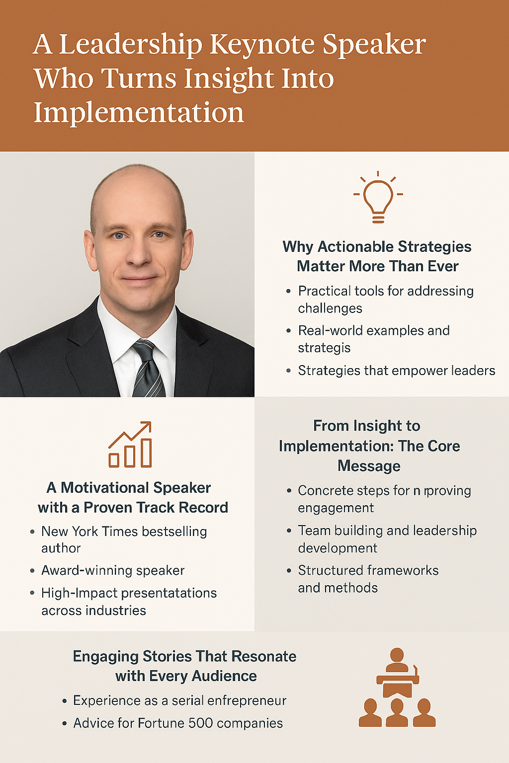 Promotional infographic titled “A Leadership Keynote Speaker Who Turns Insight Into Implementation,” with an orange-brown header and four sections featuring white icons and text. Top left shows a professional portrait of Andrew in a suit and tie. Section 1: Why Actionable Strategies Matter More Than Ever—practical tools, real-world examples, strategies that empower leaders. Section 2: A Motivational Speaker with a Proven Track Record—New York Times bestselling author, award-winning speaker, impactful presentations. Section 3: From Insight to Implementation—concrete steps for engagement, team building, structured frameworks. Section 4: Engaging Stories That Resonate with Every Audience—experience as a serial entrepreneur and advising Fortune 500 companies.
Ask ChatGPT