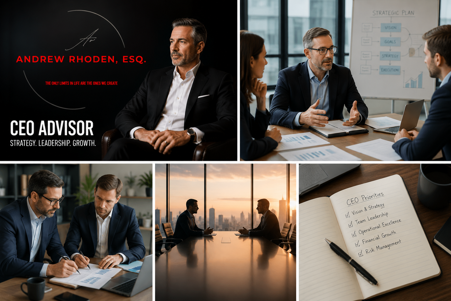 Branded Andrew Rhoden, Esq. CEO advisor graphic featuring executive strategy sessions, leadership consulting, CEO advisory meetings, business growth planning, and executive decision-making support.