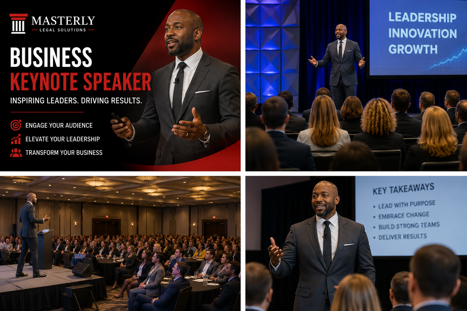 Branded Masterly business keynote speaker graphic featuring a professional speaker delivering leadership presentations to executive audiences at corporate conferences and business events.