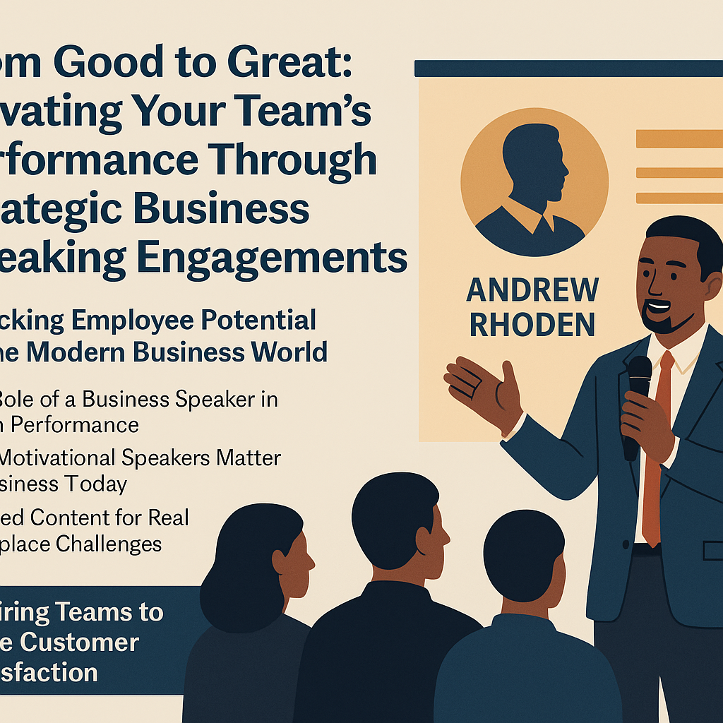 Illustrated promotional graphic titled “From Good to Great: Elevating Your Team’s Performance Through Strategic Business Speaking Engagements.” On the right, a business speaker, depicted as Andrew Rhoden, speaks confidently into a microphone while gesturing to an engaged audience. Behind him is a presentation slide with his name and silhouette. On the left, bold text highlights topics such as unlocking employee potential, the role of a business speaker, why motivational speakers matter, and addressing real workplace challenges. A lower banner reads: “Inspiring Teams to Drive Customer Satisfaction.