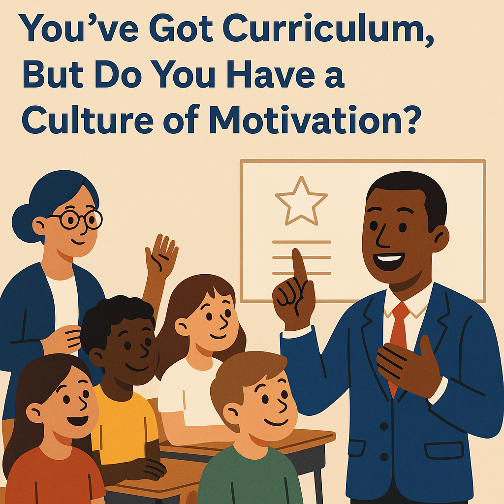 A flat-style digital illustration features the question “You’ve Got Curriculum, But Do You Have a Culture of Motivation?” in bold dark blue text at the top. Below, a motivational speaker in a blue suit enthusiastically addresses a group of smiling, diverse students seated at desks. A supportive teacher with glasses stands nearby, and a whiteboard behind the speaker displays a star icon and lines of text, symbolizing achievement and learning.
