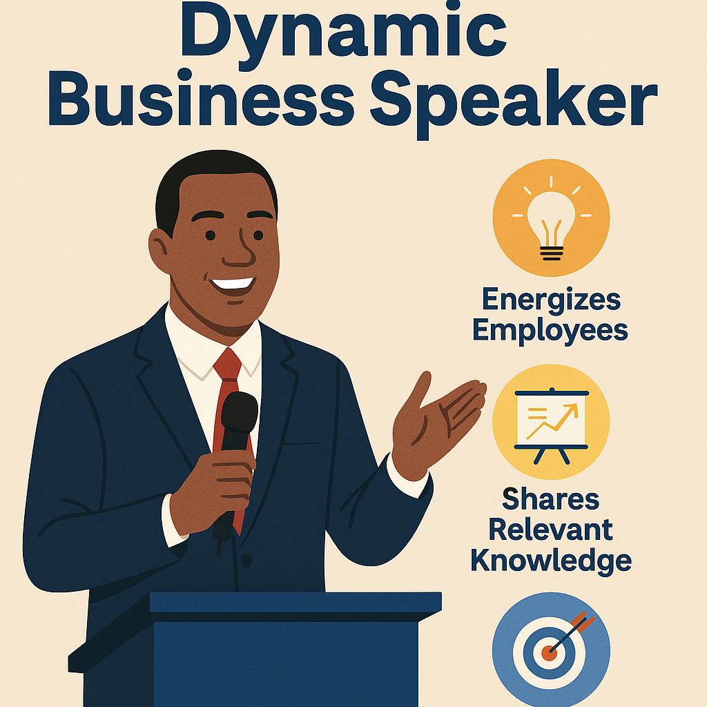 Illustration of Andrew Rhoden, a dynamic business speaker, standing behind a dark blue podium. He is smiling and gesturing with one hand while holding a microphone in the other. He wears a navy blue suit with a white shirt and red tie. The title above reads “Dynamic Business Speaker.” To the right are three circular icons with captions: a lightbulb labeled “Energizes Employees,” a presentation board labeled “Shares Relevant Knowledge,” and a target icon symbolizing focus and confidence. The background is beige with a clean, modern design.