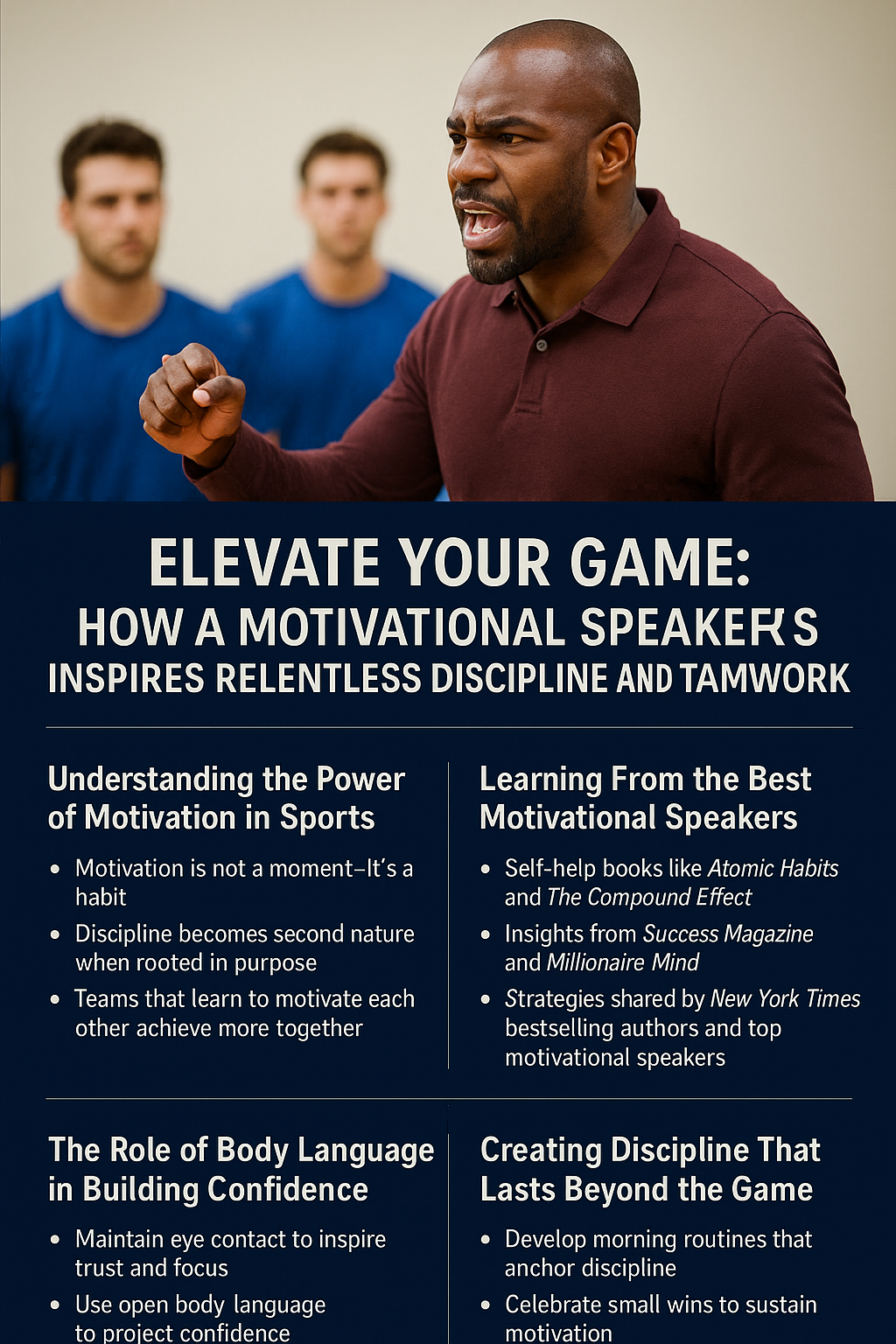 An infographic titled “Elevate Your Game: How a Motivational Speaker Inspires Relentless Discipline and Teamwork.” The top half shows a determined Black motivational speaker in a maroon shirt passionately addressing three male athletes wearing blue shirts in the background. The bottom half features four sections of text describing the benefits of motivational speaking in sports: understanding motivation as a habit, learning from top speakers and books, using body language to build confidence, and creating discipline through routines and accountability. The design uses dark blue backgrounds and white text for a clean, professional look.