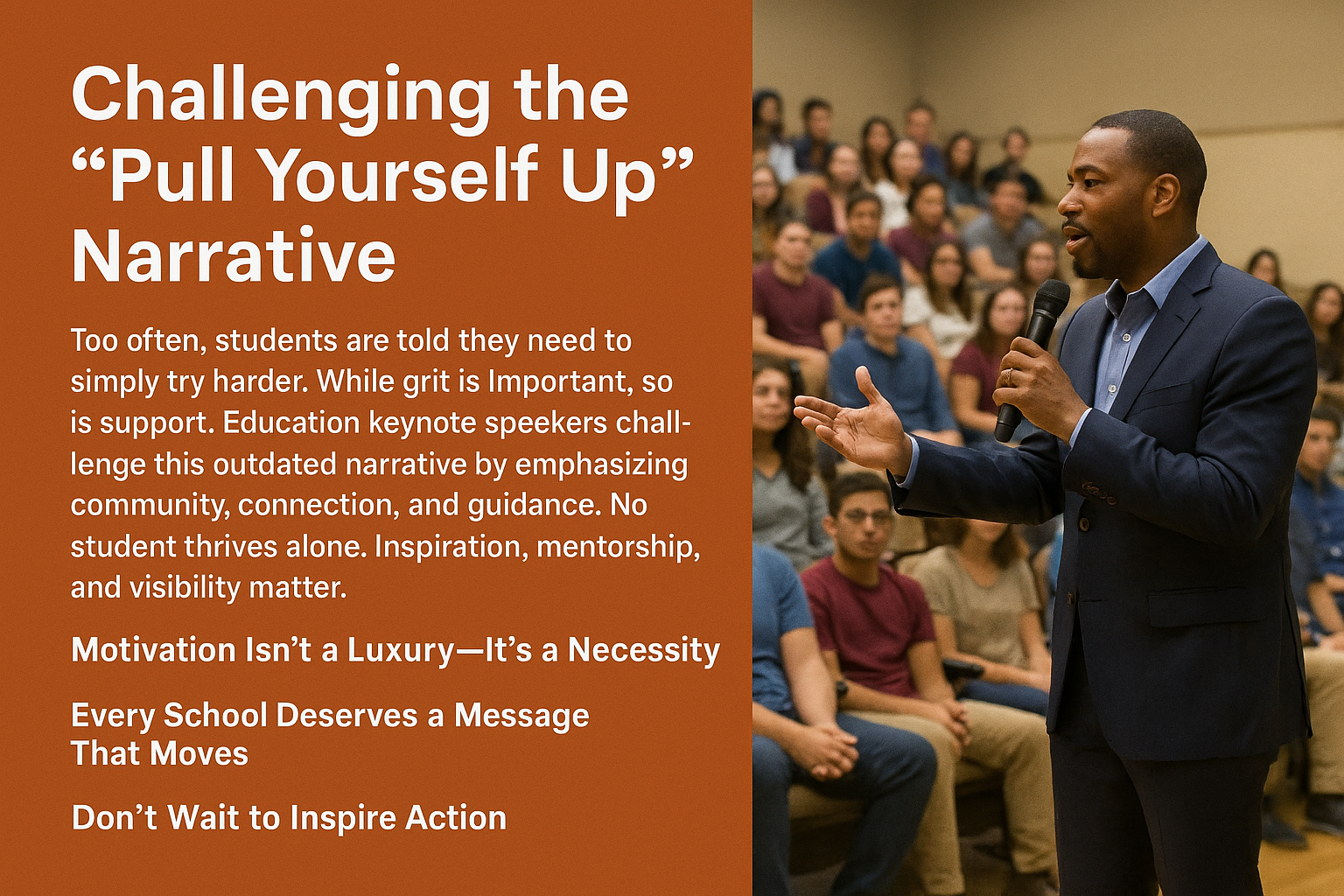 A graphic design split into two sections: on the left, bold white text on a burnt-orange background reads “Challenging the ‘Pull Yourself Up’ Narrative” with supporting text about the importance of support and inspiration in education; on the right, a photograph of an African American motivational speaker in a navy suit passionately addresses a diverse, attentive audience of students seated in a school auditorium.