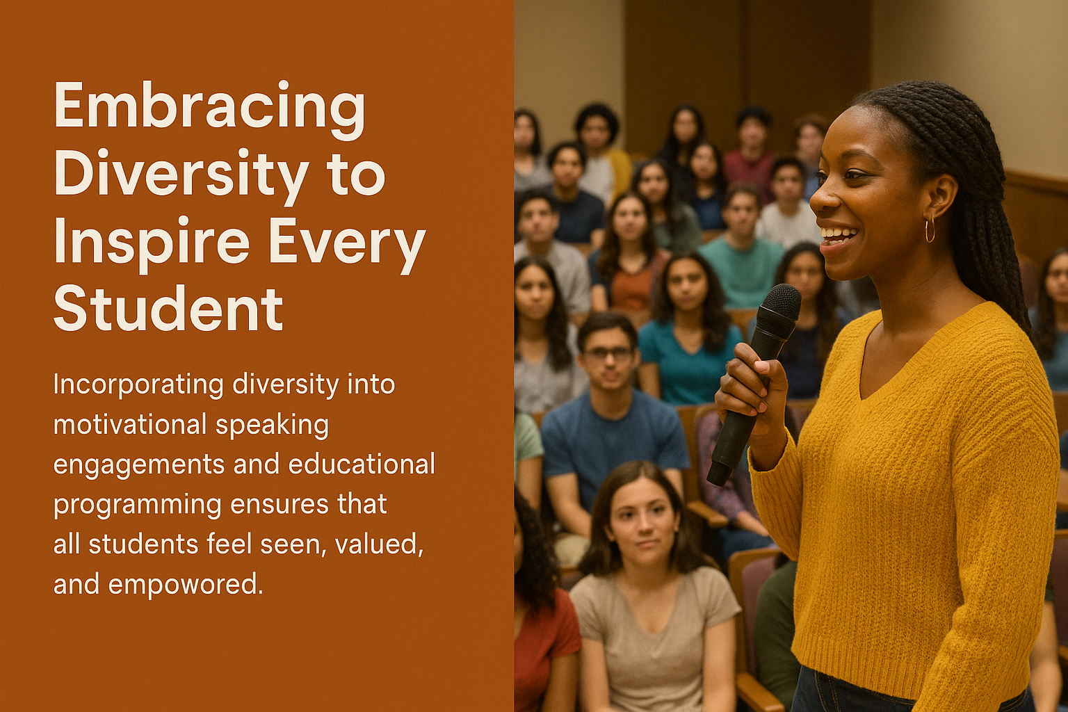 A split-format graphic design featuring bold white text on a burnt-orange background to the left that reads “Embracing Diversity to Inspire Every Student,” with a message highlighting the importance of diverse voices in education. On the right, a young African American woman in a mustard yellow sweater smiles confidently as she speaks into a microphone, addressing a diverse and attentive group of students seated in an auditorium.