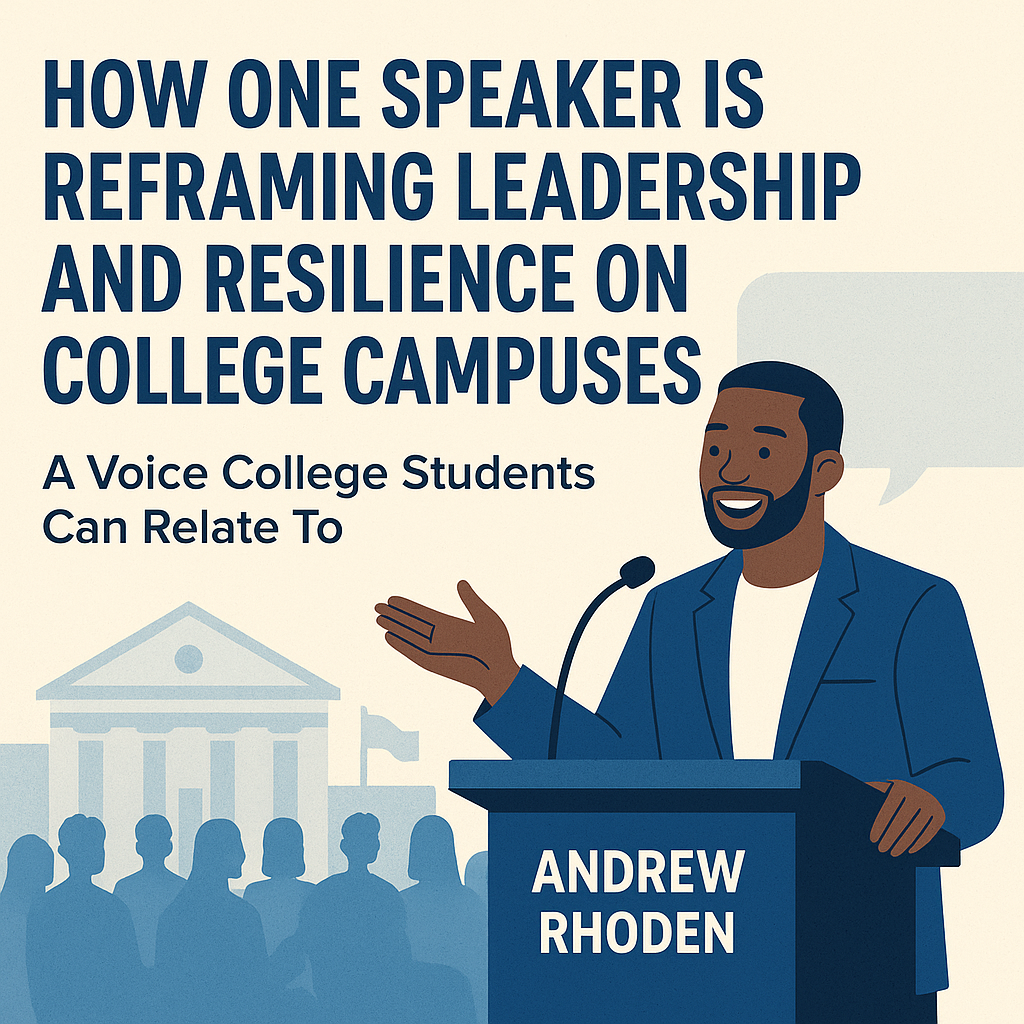 Illustration titled “How One Speaker Is Reframing Leadership and Resilience on College Campuses.” On the left, bold navy text announces the headline and subheading: “A Voice College Students Can Relate To.” On the right, an illustrated African American man—Andrew Rhoden—stands confidently at a podium labeled with his name, speaking into a microphone with a smile and animated hand gesture. In the background, silhouettes of a college audience and a classical-style campus building with flags convey the academic setting. The color palette features warm beige and blue tones, emphasizing professionalism and approachability.