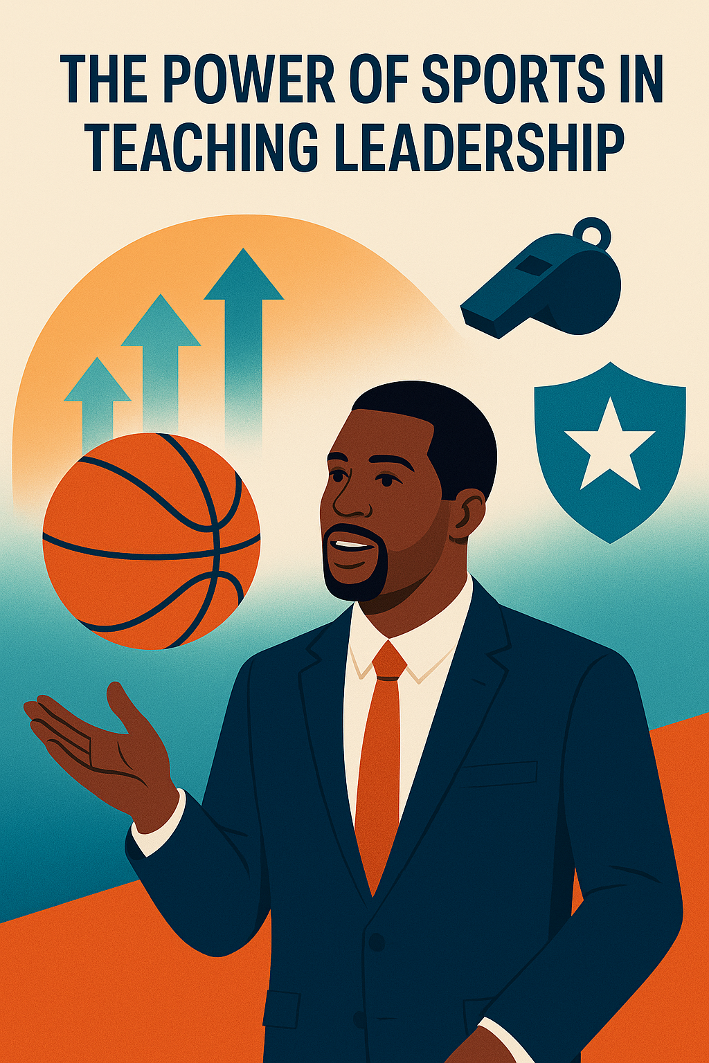 A flat-style digital illustration features an African American man in a navy suit and orange tie, confidently holding a basketball. Behind him, upward-pointing arrows, a whistle, and a shield with a star symbolize leadership and sports themes. The background transitions from warm orange to cool teal tones, and the bold title at the top reads “The Power of Sports in Teaching Leadership.