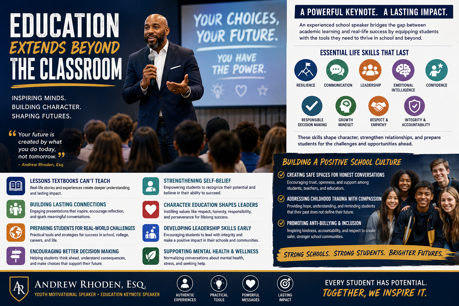 A professional educational keynote speaker stands confidently on stage addressing a large audience of students beneath the headline, 
