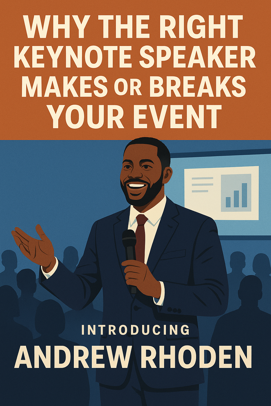 A 2D digital graphic design shows a confident Black male keynote speaker, Andrew Rhoden, in a navy suit and red tie, speaking into a microphone on stage. He gestures with one hand while a presentation screen with bar charts appears behind him. The background features a blue-toned audience silhouette. Bold white text above reads, “Why the Right Keynote Speaker Makes or Breaks Your Event,” and below, “Introducing Andrew Rhoden.
