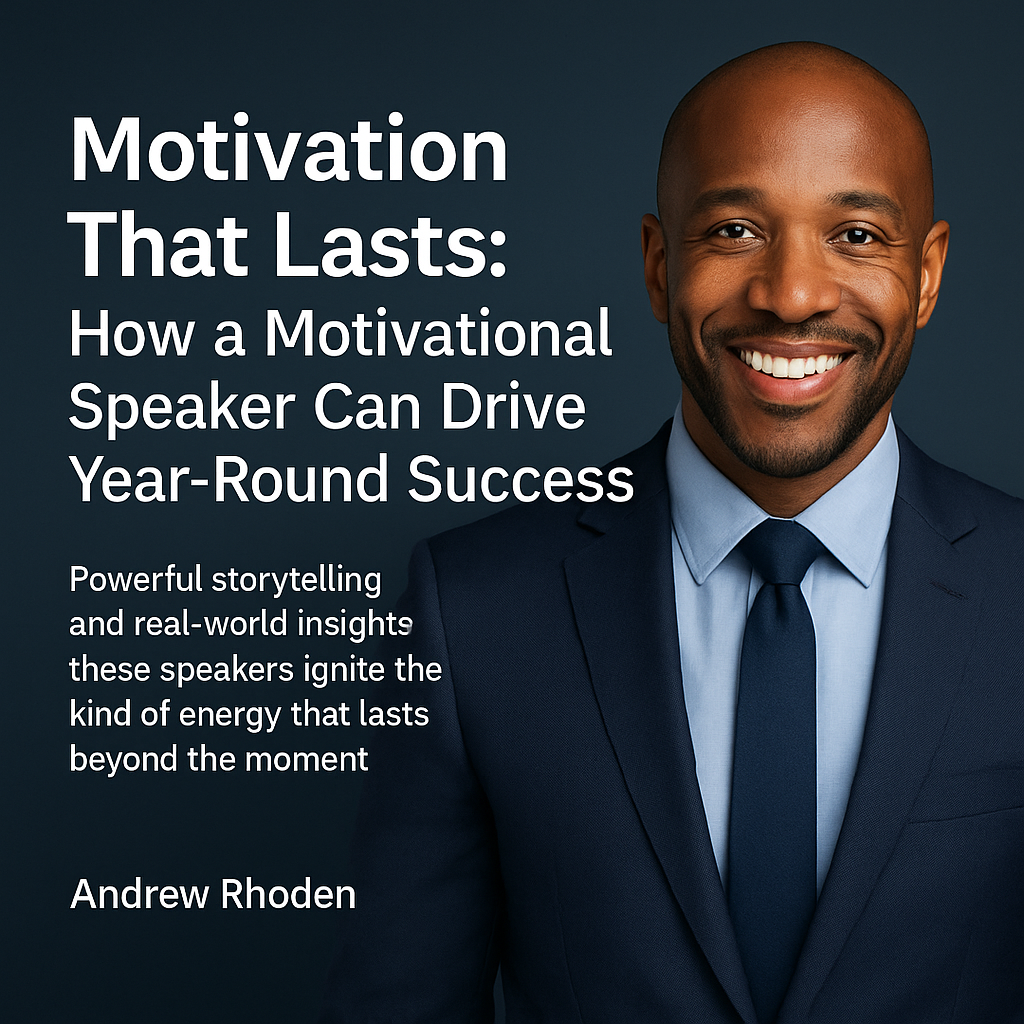 Digital promotional graphic featuring Andrew Rhoden, an African American motivational speaker, smiling confidently in a navy-blue suit and tie. Positioned on the right against a dark blue gradient background, he faces the viewer warmly. On the left, bold white text reads: “Motivation That Lasts: How a Motivational Speaker Can Drive Year-Round Success,” followed by a smaller caption emphasizing the lasting impact of motivational storytelling and real-world insights. His name, “Andrew Rhoden,” appears at the bottom of the text block.