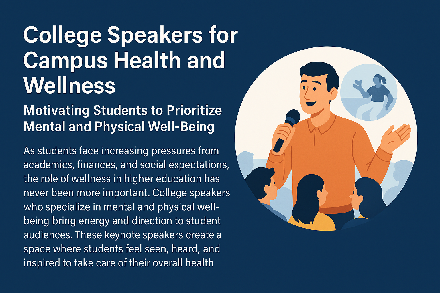 A promotional digital illustration features the headline “College Speakers for Campus Health and Wellness” in bold white text on a dark blue background, followed by the subheading “Motivating Students to Prioritize Mental and Physical Well-Being.” On the right, an illustrated male speaker in an orange shirt holds a microphone and gestures while engaging with a group of students. A circular background behind him includes a smaller figure symbolizing physical activity. The image visually emphasizes the importance of wellness-focused college speakers in inspiring student well-being.