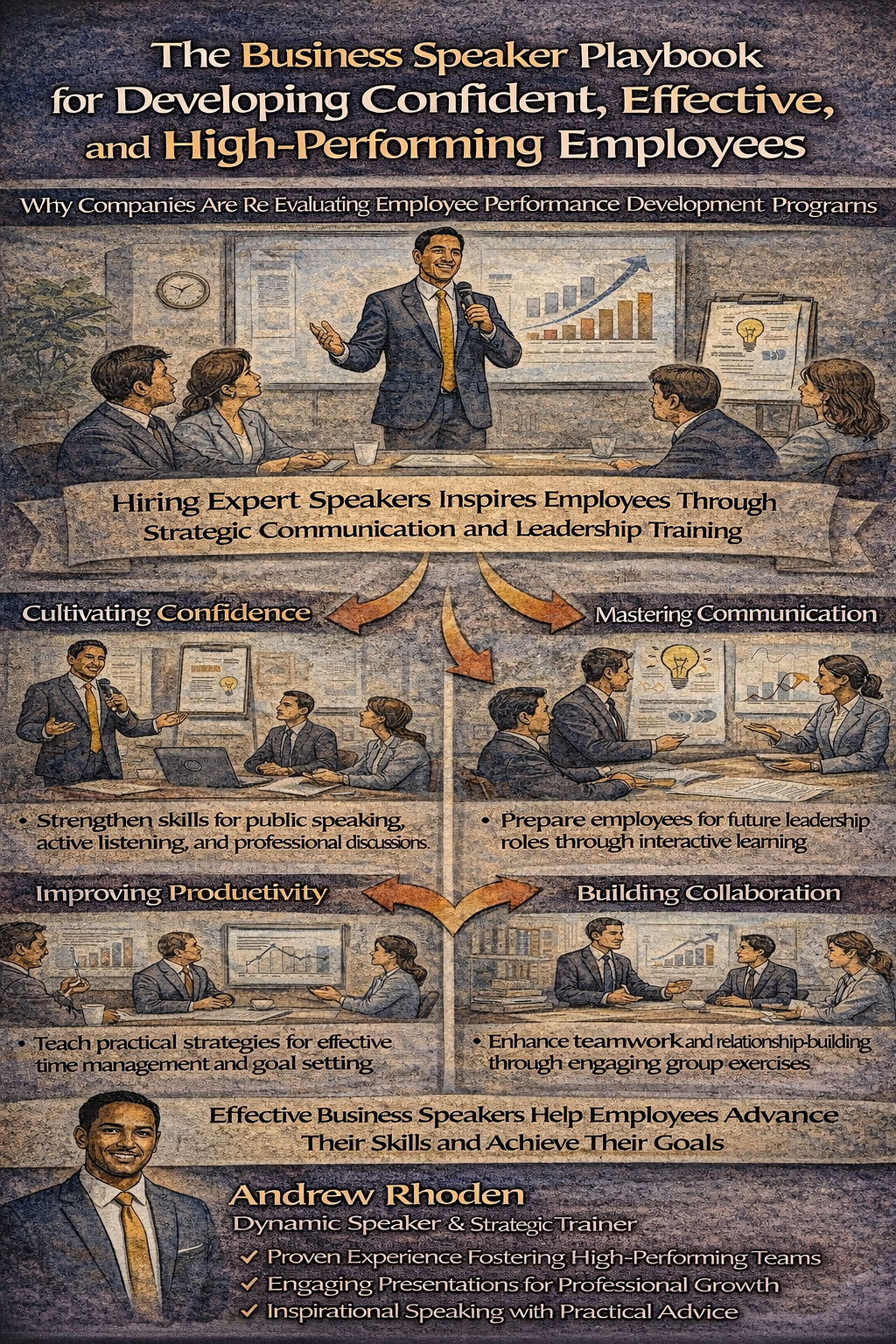 The Business Speaker Playbook for Developing Confident, Effective, and High-Performing Employees,” illustrating how hiring an expert business speaker helps organizations strengthen employee confidence, improve workplace communication, increase productivity, and build stronger collaboration through leadership training and interactive professional development sessions led by Andrew Rhoden.