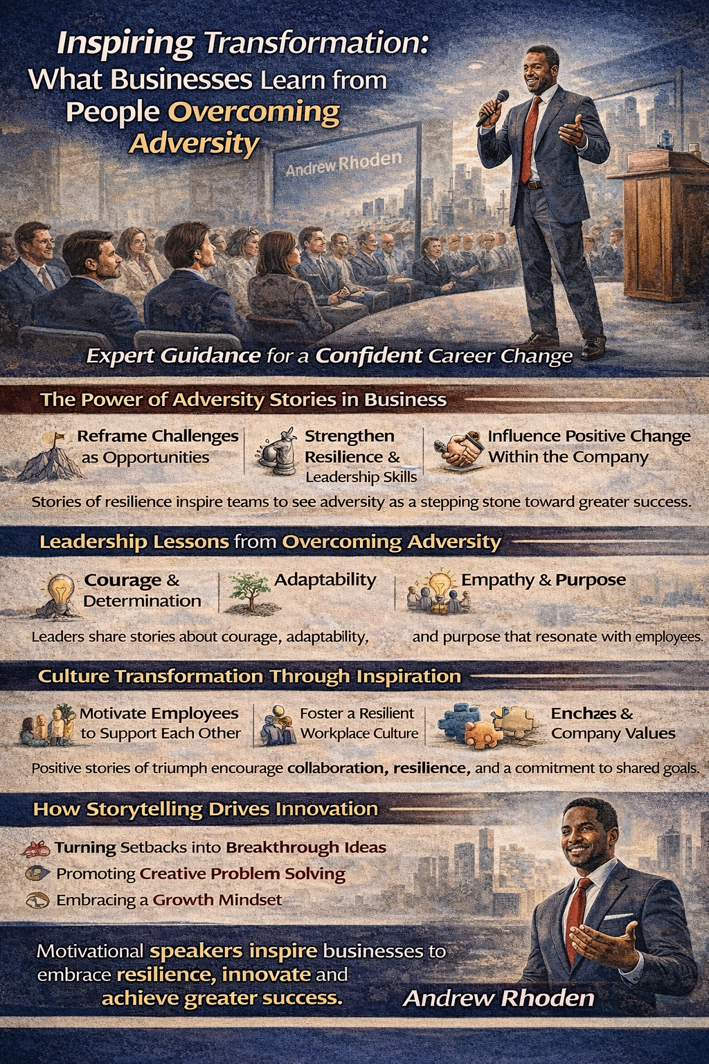 Infographic illustrating how businesses gain inspiration and leadership lessons from people overcoming adversity, featuring a motivational keynote speaker presenting to a corporate audience and highlighting themes of resilience, innovation, leadership growth, and cultural transformation within organizations.