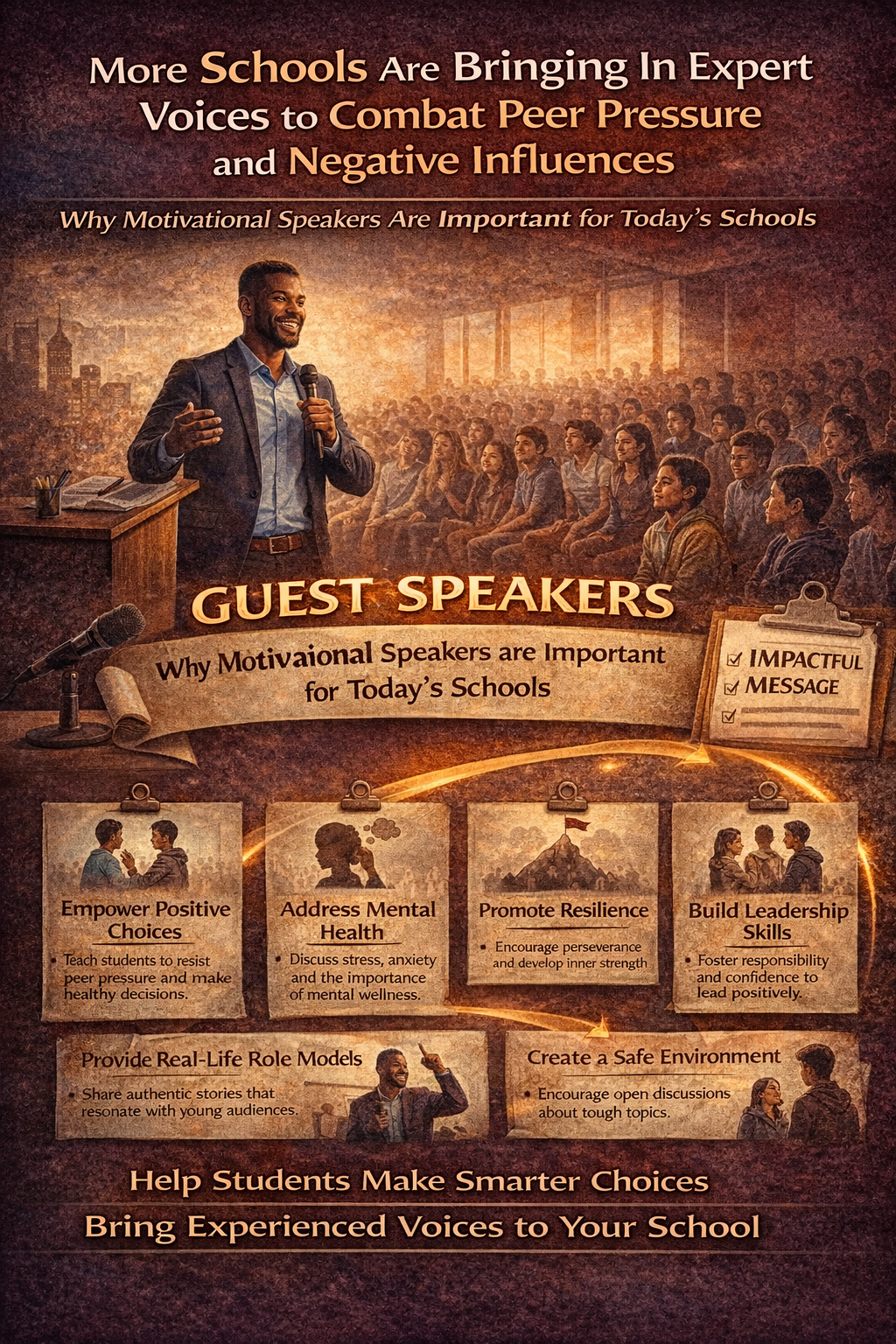 Infographic showing a motivational guest speaker addressing students at a school assembly, highlighting how guest speakers help schools combat peer pressure, promote mental health awareness, build leadership skills, and encourage positive choices among students.