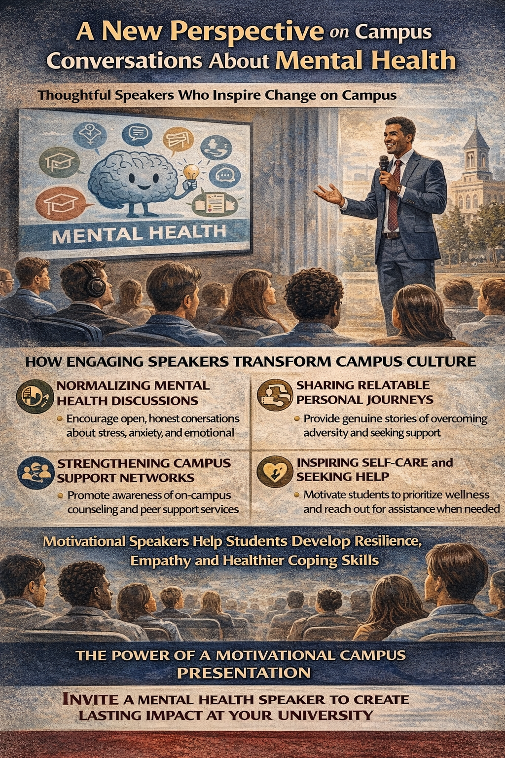 Infographic showing a motivational speaker discussing mental health with college students, highlighting how campus speakers encourage open conversations, resilience, and student well-being.
