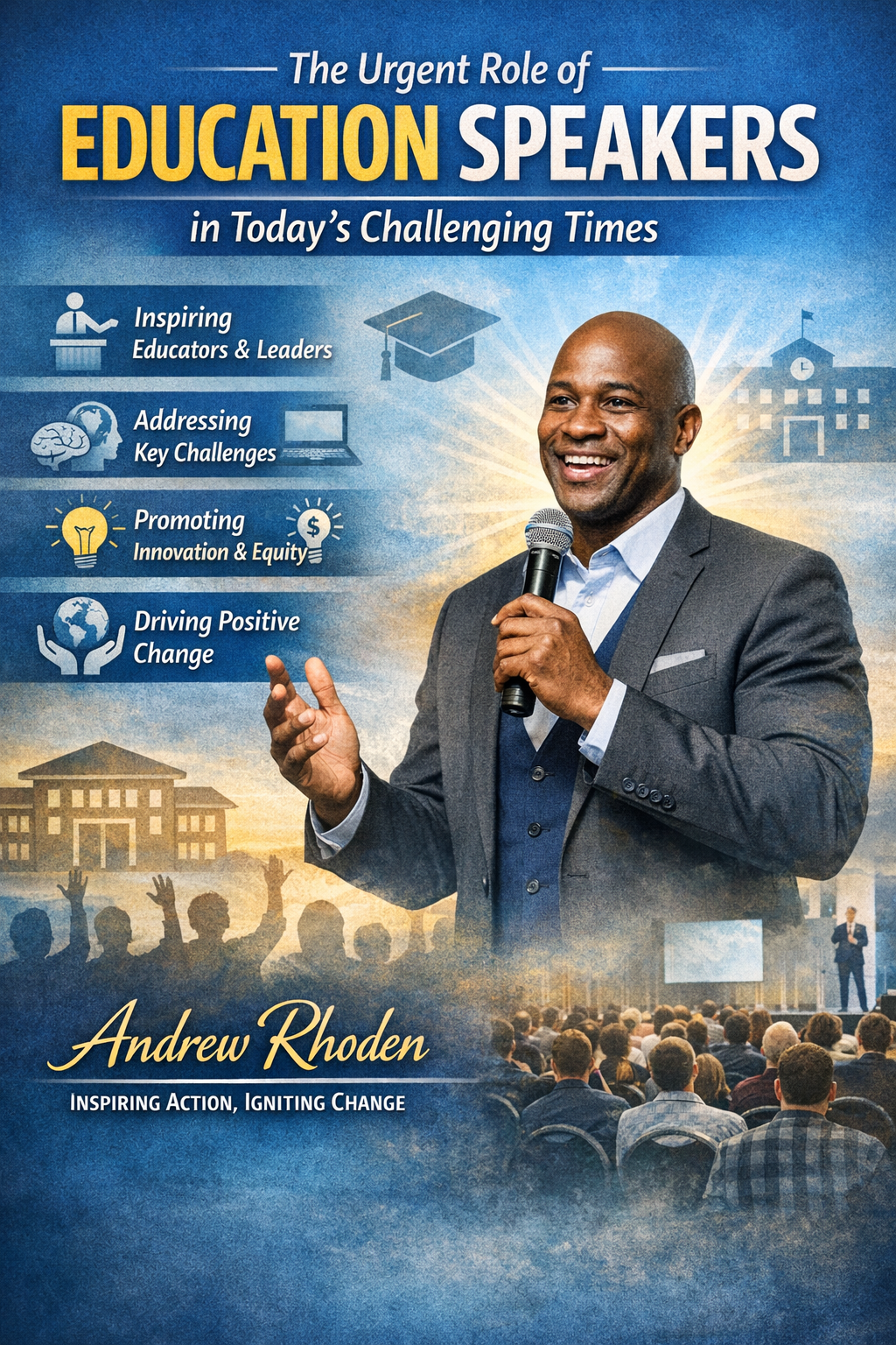 The Urgent Role of Education Speakers in Today’s Challenging Times” featuring motivational speaker Andrew Rhoden holding a microphone and speaking to an audience. The graphic highlights key themes such as inspiring educators and leaders, addressing challenges in education, promoting innovation and equity, and driving positive change, with background visuals of a school, graduation cap, and engaged audience.