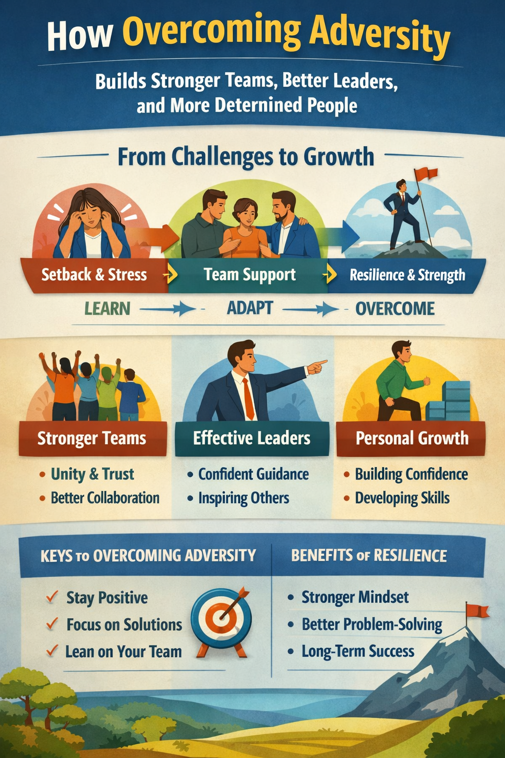 Infographic showing how overcoming adversity leads to stronger teams, effective leadership, and personal growth through resilience, teamwork, and a positive mindset