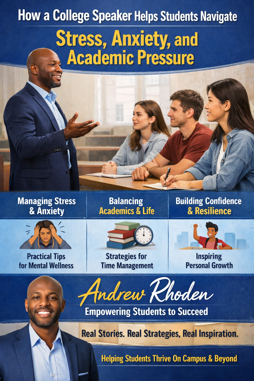 Promotional graphic featuring a college speaker presenting to students, focused on helping them manage stress, anxiety, and academic pressure, with sections on mental wellness, time management, and building confidence