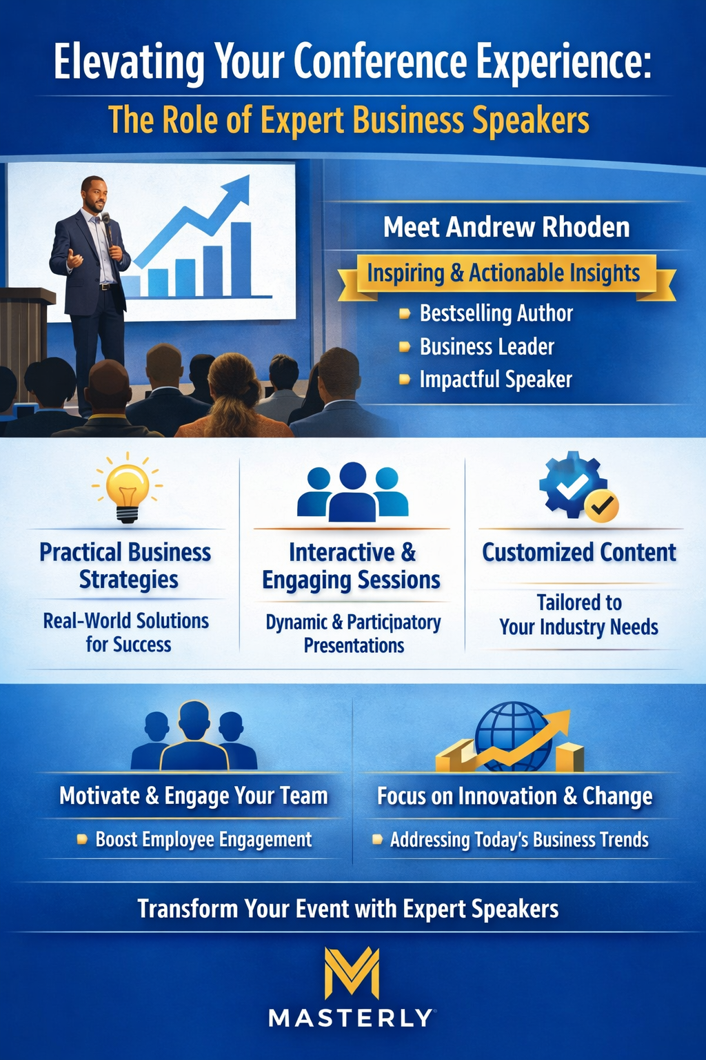 Elevating Your Conference Experience: The Role of Expert Business Speakers.” The image shows a professional speaker presenting on stage to an audience with a rising chart behind him, symbolizing growth and business strategy. A featured section introduces Andrew Rhoden, highlighting “Inspiring & Actionable Insights” along with roles such as bestselling author, business leader, and impactful speaker. Additional sections emphasize key benefits including practical business strategies, interactive and engaging sessions, and customized content tailored to industry needs. The graphic also highlights motivating teams, boosting employee engagement, and focusing on innovation and change. It concludes with a call to action to transform events with expert speakers, featuring Masterly branding at the bottom.