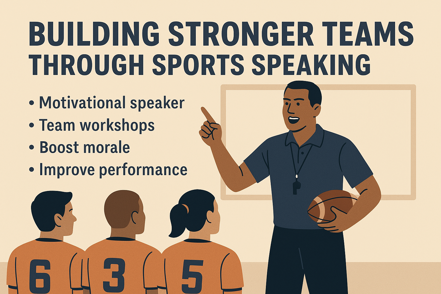 Motivational sports speaker leading a team workshop to boost morale and performance, with athletes listening attentively.