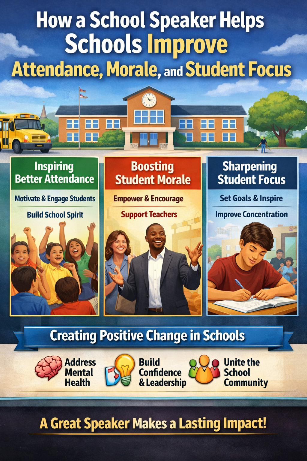 How a School Speaker Helps Schools Improve Attendance, Morale, and Student Focus” shows a school building with a school bus and three main sections. It highlights inspiring better attendance through student engagement and school spirit, boosting student morale by empowering students and supporting teachers, and sharpening student focus through goal setting and improved concentration. The graphic also emphasizes creating positive change by addressing mental health, building confidence and leadership, and uniting the school community, concluding with a message that a great speaker makes a lasting impact.