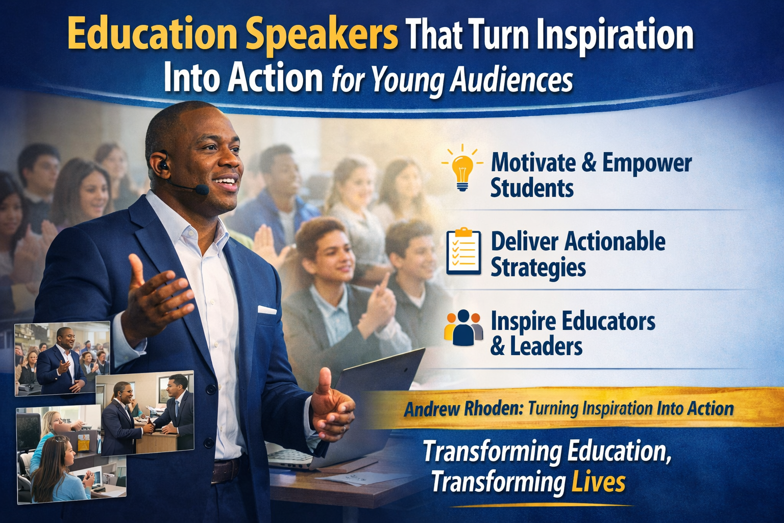 Education Speakers That Turn Inspiration Into Action for Young Audiences.” It features Andrew Rhoden speaking confidently to a diverse group of students in a classroom or auditorium setting. He is wearing a headset microphone and gesturing as he engages the audience, who appear attentive and inspired.
The graphic highlights key themes including motivating and empowering students, delivering actionable strategies, and inspiring educators and leaders, each represented with simple icons. Smaller inset images show Andrew interacting with students and professionals in different settings.
A banner identifies him as “Andrew Rhoden: Turning Inspiration Into Action,” with a closing message emphasizing transforming education and lives.