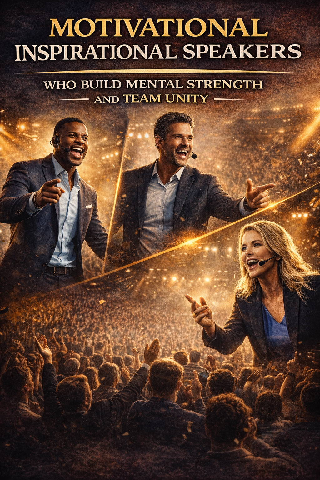 Promotional image of three motivational speakers addressing a large audience at a conference, highlighting themes of leadership, mental strength, teamwork, and inspirational speaking for corporate events and professional development.