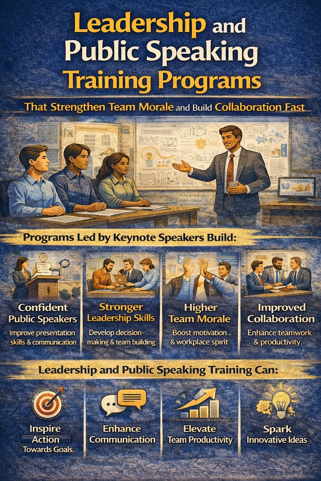 Infographic illustrating how leadership and public speaking training programs led by keynote speakers improve team morale and collaboration, highlighting benefits such as stronger leadership skills, confident public speaking, improved communication, higher team morale, greater productivity, and innovative thinking within organizations.