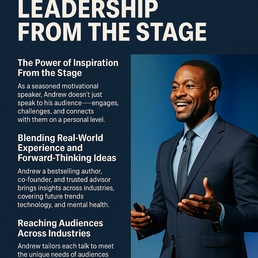 Bold white title ‘ELEVATING LEADERSHIP FROM THE STAGE’ on a dark blue background, featuring sections about Andrew Rhoden’s inspirational keynote topics, real-world experience, and ability to engage diverse audiences, alongside a professional photo of Andrew smiling and speaking on stage.
