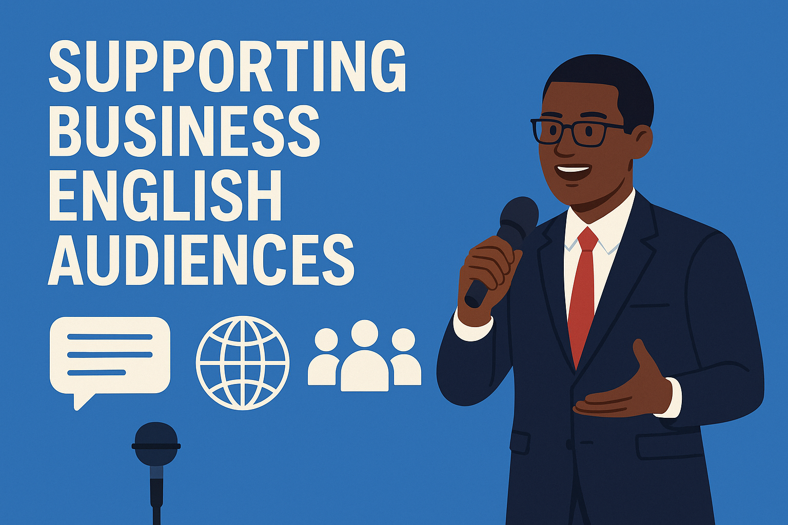 A digital promotional graphic with a bright blue background features bold white text reading