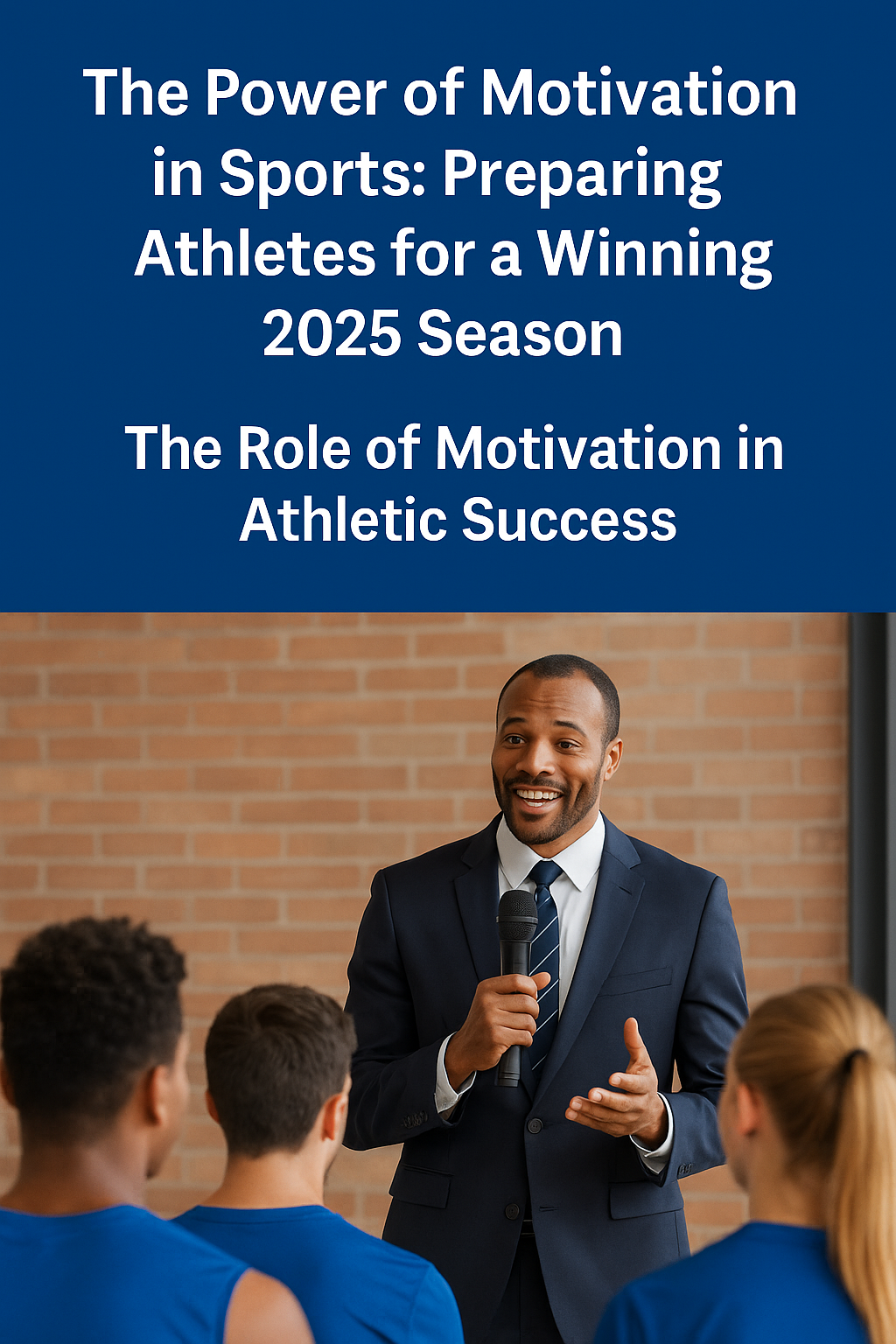 Motivational speaker addressing a group of athletes in blue jerseys, with bold text above reading “The Power of Motivation in Sports: Preparing Athletes for a Winning 2025 Season