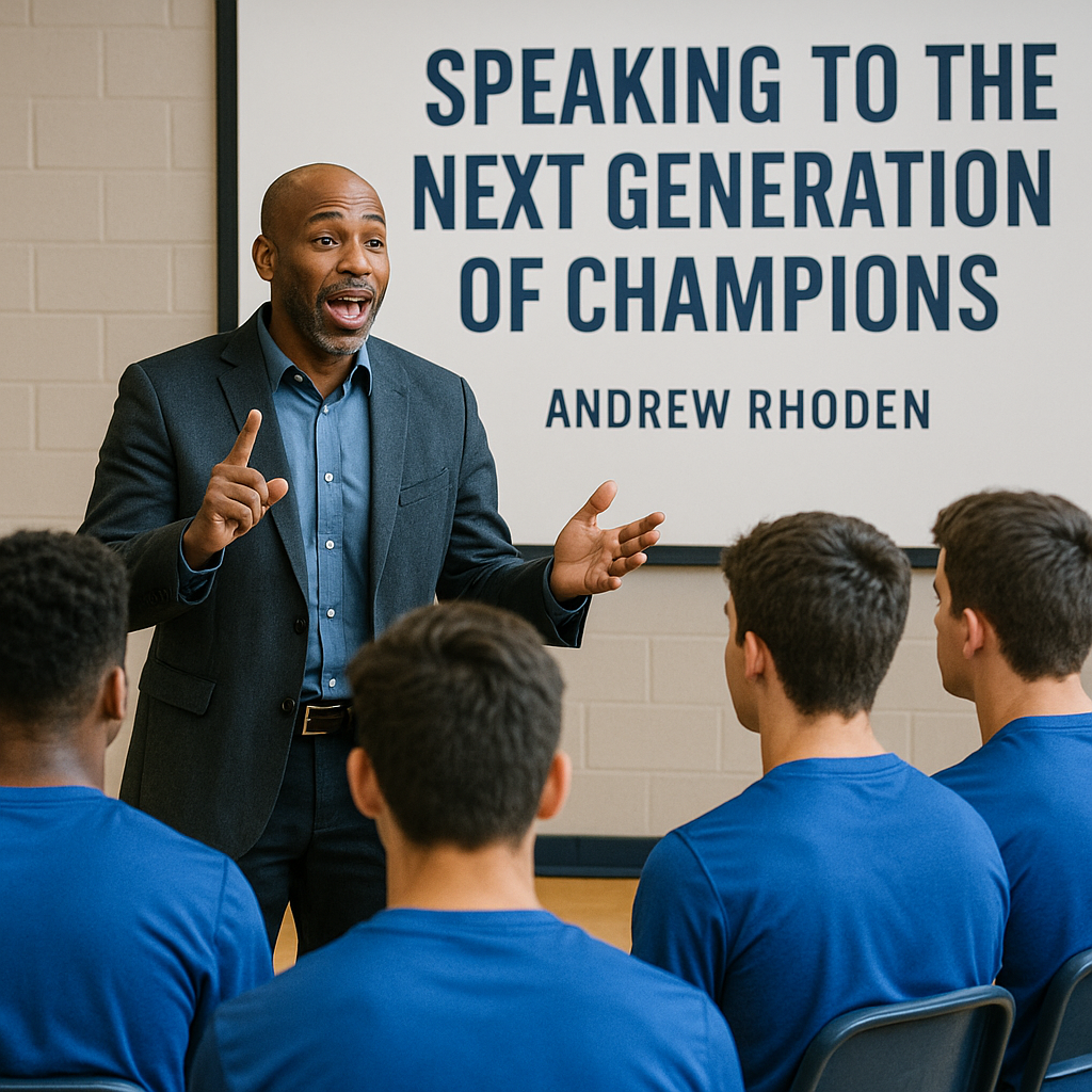 Motivational speaker Andrew Rhoden engaging a group of young athletes in blue shirts, with a banner behind him reading “Speaking to the Next Generation of Champions