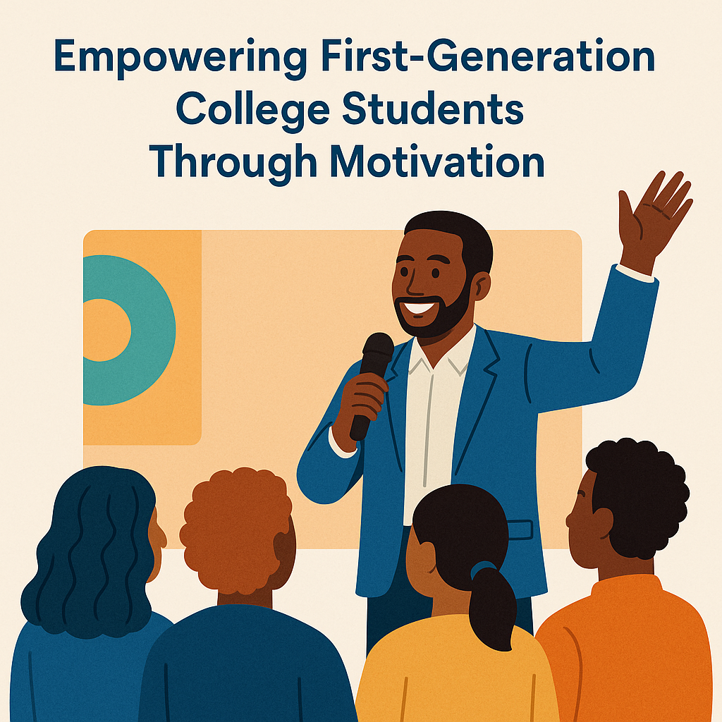 Illustration of an African American motivational speaker in a blue jacket speaking into a microphone, addressing a diverse group of college students. The background includes abstract shapes and a warm color palette. The text above reads,
