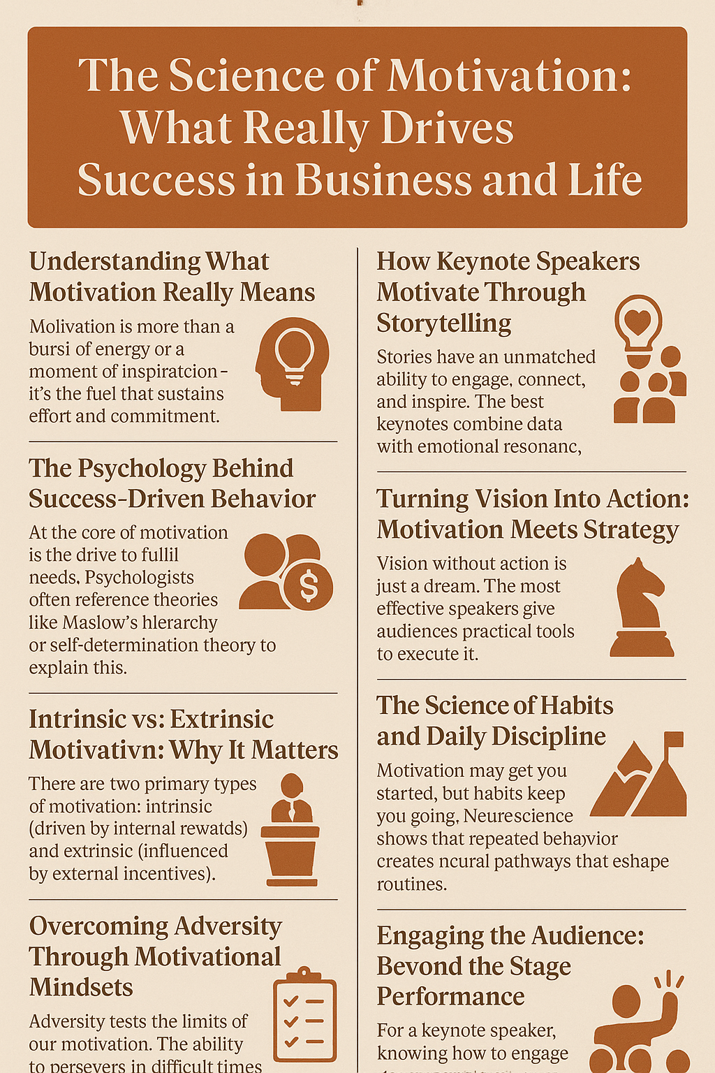 A 2D digital infographic titled “The Science of Motivation: What Really Drives Success in Business and Life.” The layout uses a retro-inspired design with a burnt orange header and cream background. Serif fonts are used throughout. The infographic is divided into nine sections, each containing a heading, a brief explanation, and a corresponding icon in warm brown tones. Topics include:
Understanding What Motivation Really Means
How Keynote Speakers Motivate Through Storytelling
The Psychology Behind Success-Driven Behavior
Turning Vision Into Action: Motivation Meets Strategy
Intrinsic vs. Extrinsic Motivation: Why It Matters
The Science of Habits and Daily Discipline
Overcoming Adversity Through Motivational Mindsets
Engaging the Audience: Beyond the Stage Performance
Icons include silhouettes of people, light bulbs, clipboards, chess knights, and mountains, visually reinforcing each section’s theme.