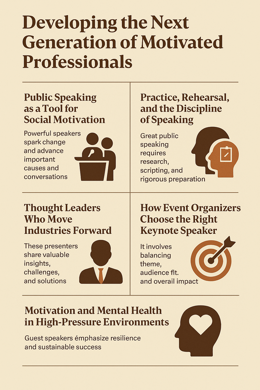 Public Speaking as a Tool for Social Motivation: Icon of a speaker at a podium with two audience figures.